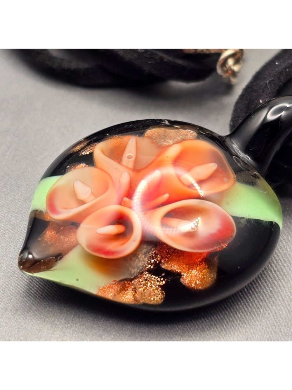 Sterling Silver Murano Glass Flower Pendant Velvet Necklace 16" Art Nouveau Styl - Picture 4 of 7